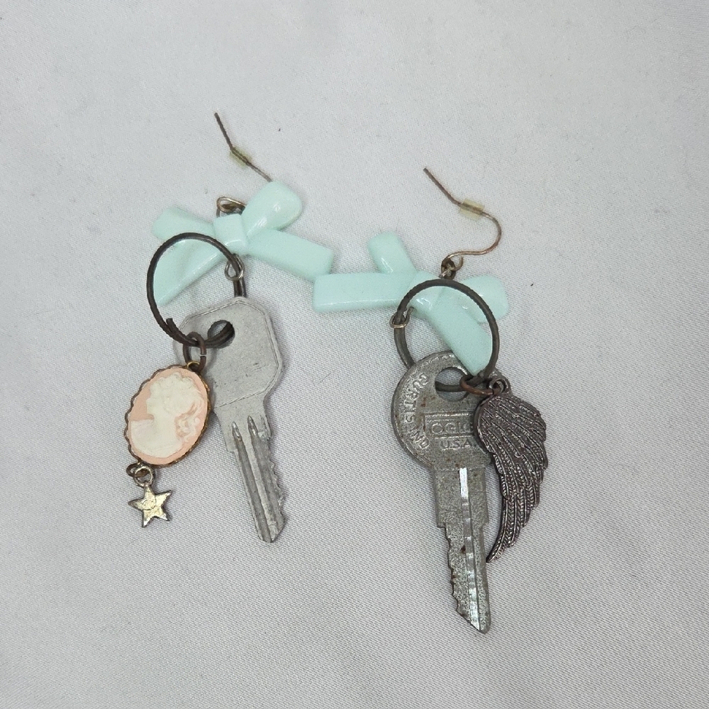 Key Charm Earrings Dangly Alternative Whimsical Jewelry 3" Angel Wing Bow